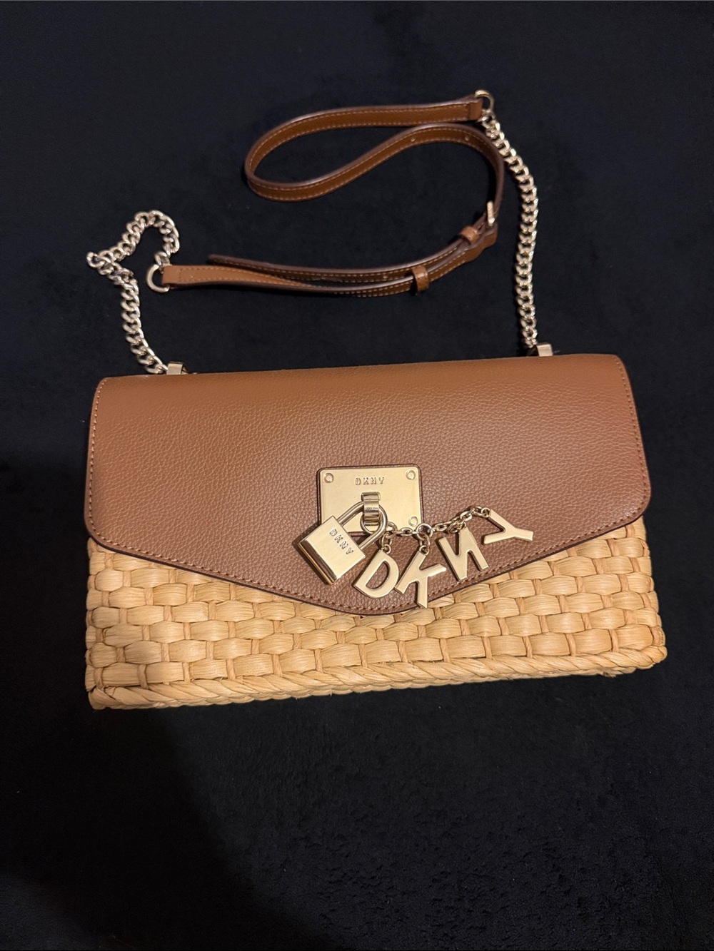 DKNY Brown Leather & Natural Woven Crossbody with Gold Logo Charm